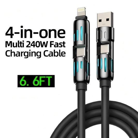 240W 4-In-1 USB-C Cable, PD 5A Fast Charging, Data Sync, USB-A, Type-C, Lightning, Aluminum, Compatible with Iphone 16/15, Ipad, Samsung, Laptops